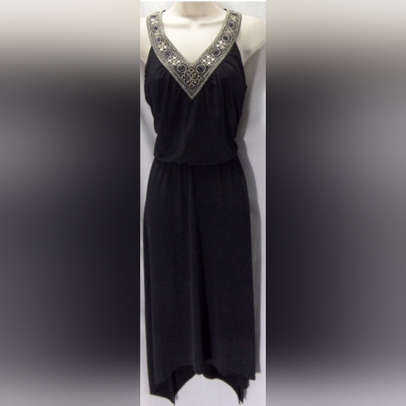 WHITE HOUSE BLACK MARKET* black sequin v neck casual jersey midi dress XS - Picture 2 of 8